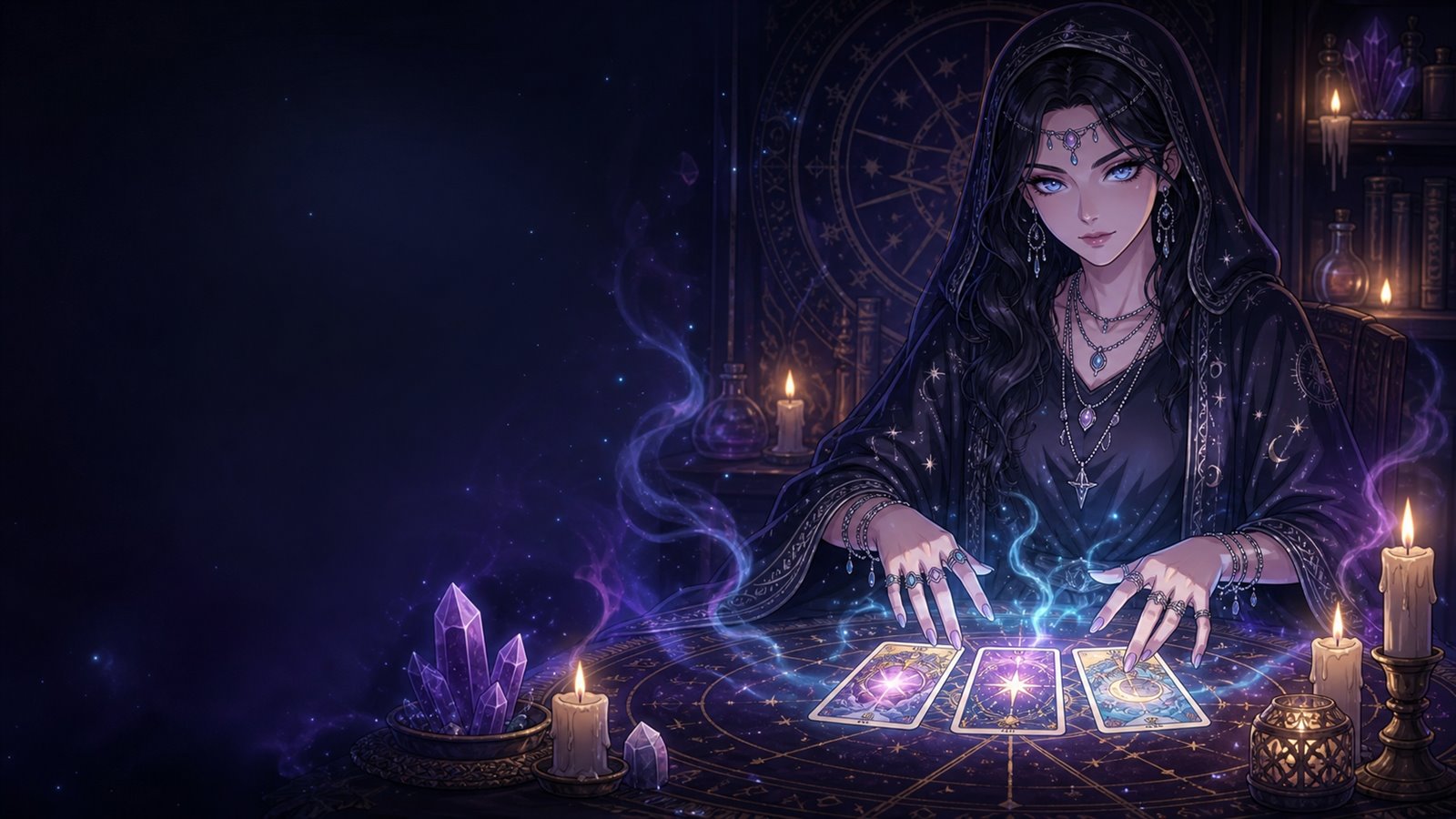 A Tarot reader holding a glowing card above a spread